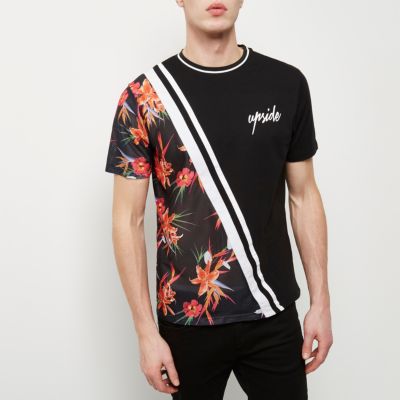 Black mesh spliced floral print T-shirt